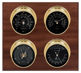Maximum Observer Four-Instrument Weather Station with mahogany panel, brass case, black dial-