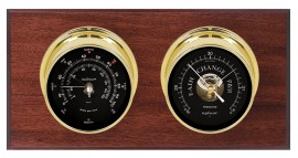 Maximum Portland Two-Instrument Weather Station with mahogany panel, brass case, black dial-