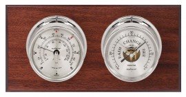 Maximum Portland Two-Instrument Weather Station with mahogany panel, chrome case, silver dial-