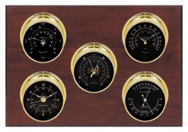 Maximum Professional 2S Five-Instrument Weather Station with mahogany panel, brass case, black dial-