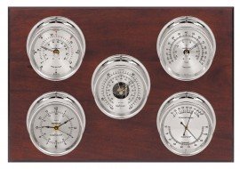Maximum Professional 2S Five-Instrument Weather Station with mahogany panel, chrome case, silver dial-