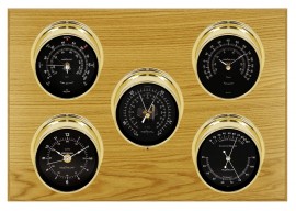 Maximum Professional Five-Instrument Weather Station with oak panel, brass case, black dial-