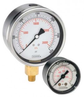 NOSHOK 25-911-30-vac/kPa Pressure Gauge, SS Case Filled, 1/4&quot; NPT Back Connection, SS Case, -30 inHg to 0 psi-