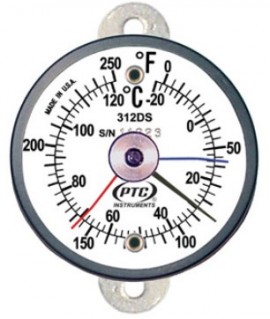 PTC Instruments 312DST1MM Dual-Scale Tab Mount Thermometer with max-min hands, 0 to 250&amp;deg;F/-20 to 120&amp;deg;C-