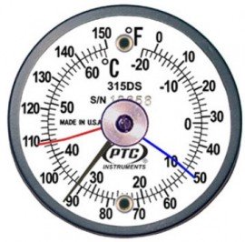 PTC Instruments 315DSMM Dual-Scale Magnetic Surface Thermometer with max-min hands, 0 to 150&amp;deg;F/-20 to 65&amp;deg;C-