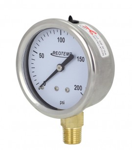 REOTEMP PG25 Industrial Stainless/Brass Gauge with plastic lens and center back, 2.5&amp;quot;, 0 to 6000 psi-