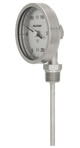 REOTEMP VR Bottom Connect Bimetal Thermometer with 5&amp;quot; dial, 4&amp;quot; stem, 0 to 250&amp;deg;F/-20 to 120&amp;deg;C-
