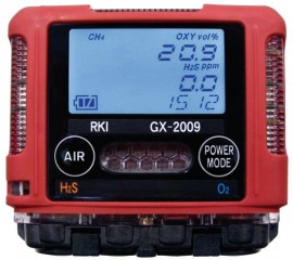 RKI GX-2009 Series Multi-Gas Detector with alligator clip and 115/220 V AC charger, O<sub>2</sub>/H<sub>2</sub>S-