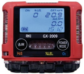 RKI GX-2009 Series Multi-Gas Detector with alligator clip/12 V DC charger/vehicle plug, LEL/O<sub>2</sub>/H<sub>2</sub>S-