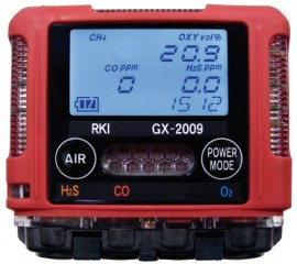 RKI GX-2009 Series Portable Three-Gas Monitor with charger and vehicle plug, O<sub>2</sub>/H<sub>2</sub>S/CO-