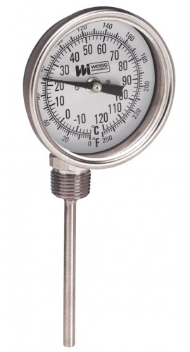 Weiss 3RBMS4-250 Bi-Metal Thermometer, 0 to 250&amp;deg;F (-20 to 120&amp;deg;C), 3" Dial, 4" Right Angle Stem-