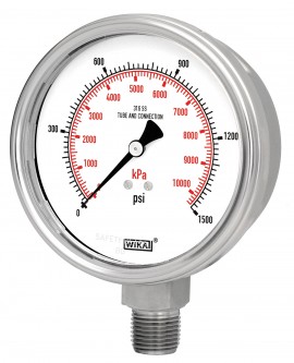 WIKA 233.54 Pressure Gauge, 0/200 psi/kpa, 4&amp;quot; dial, &amp;frac12;&amp;quot; NPT lower mount, SS housing-