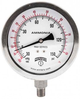 Winters PAM1701 Ammonia Gauge, 4&amp;quot; Dial, 30&amp;quot;/0/150 PSI/F, 1/4&amp;quot; NPT Bottom-