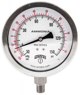 Winters PAM1704 Ammonia Gauge, 4&amp;quot; Dial, 30&amp;quot;/0/300 PSI/F, 1/4&amp;quot; Back-