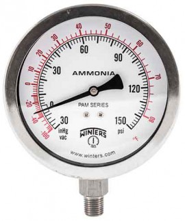 Winters PAM1717 Ammonia Gauge, 3.5&amp;quot; Dial, 30&amp;quot;/0/150 PSI/F, 1/4&amp;quot; NPT Bottom-