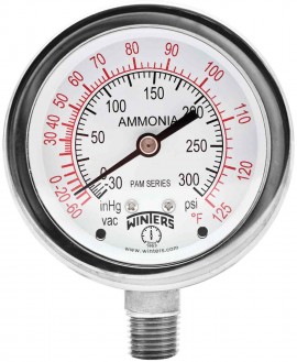 Winters PAM1751 Ammonia Gauge, 2.5&amp;quot; Dial, 30&amp;quot;/0/300 PSI/F, 1/4&amp;quot; Bottom-