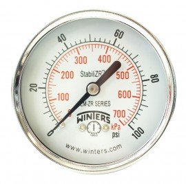 Winters PEM1439ZR Economy StabiliZR Pressure Gauge, 0 to 100 psi/kPa, 2.5" dial-