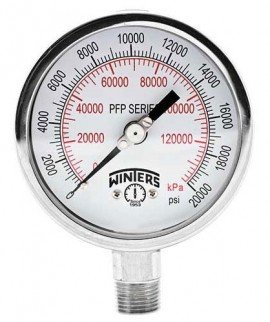 Winters PFP665 Premium Stainless-Steel Liquid Filled Pressure Gauge, 0/1,500 psi/kPa, 0.5&amp;quot; back (LB)-