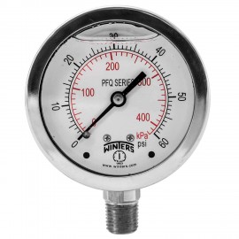 Winters PFQ120 Liquid Filled Stainless Steel Gauge, 2.5&amp;quot; Dial, 0-60 PSI/KPA, 1/4&amp;quot; NPT Bottom-