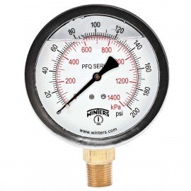 Winters PFQ1247 Liquid Filled Brass Gauge, 4&amp;quot; Dial, 0/200 PSI/KPA, 1/2&amp;quot;NPT Bottom -
