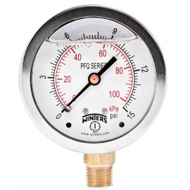 Winters PFQ2461R1 Stainless Steel Liquid Filled Gauge, 30 psi, &amp;frac14;&amp;quot; bottom connection-