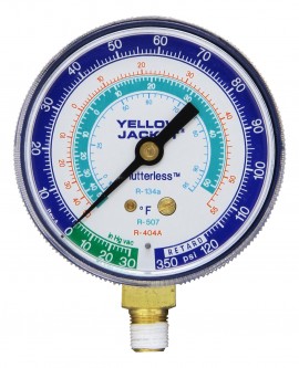 Yellow Jacket 49064 Heavy Duty Brass Manifold Gauge, 2 1/2" gauge, blue compound, bar & psi, R-134a/404A/407C, °C-