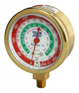 Yellow Jacket 49263 Dry Manifold Gauge, 3-1/8", red pressure, bar/MPa, R134a/404A/407C certified gauge °C-